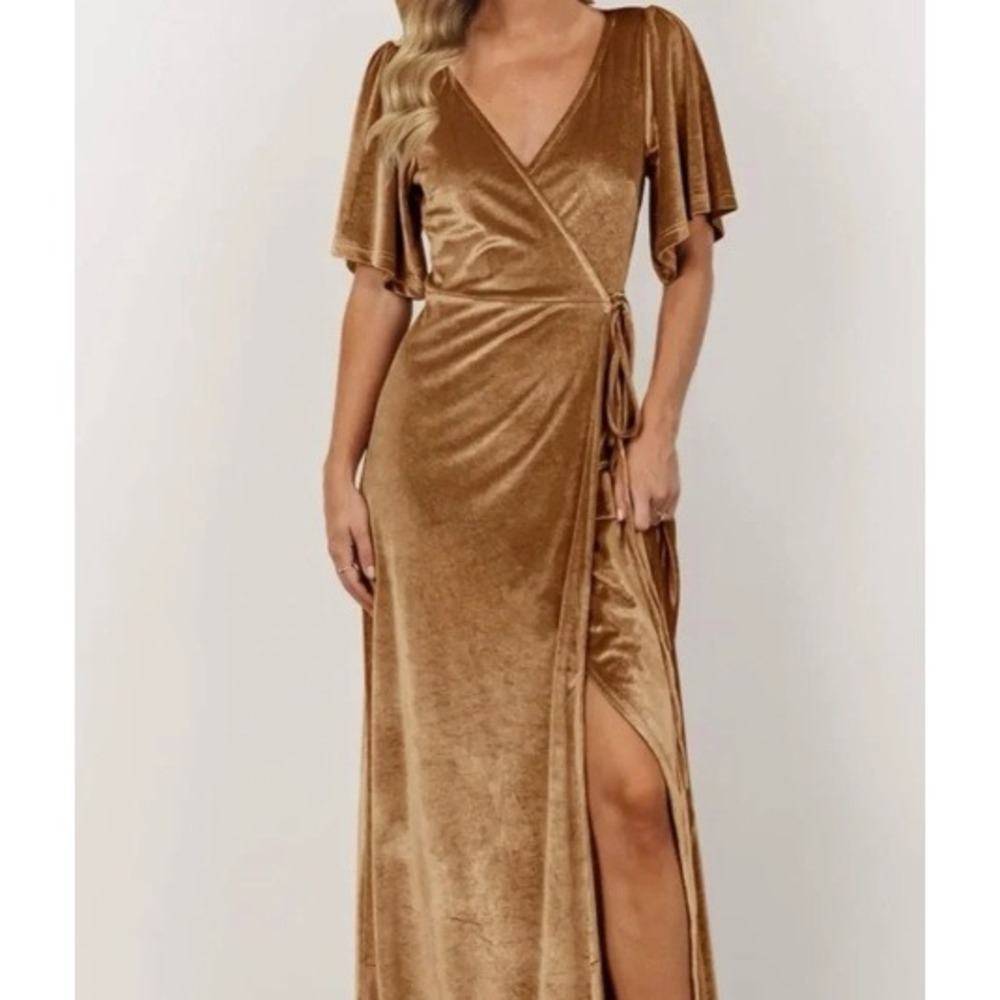 NWT Merokeety Women Velvet Wrap Maxi Dress Caramel V Neck Flutter Sleeve XL